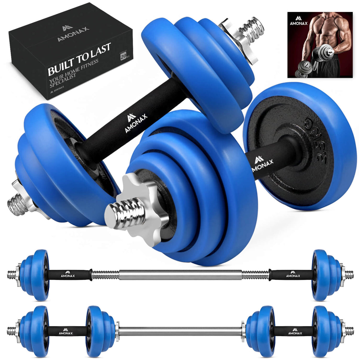 20KG Cast Iron Adjustable Dumbbell Set with Blue Rubber Ring for Home Gym